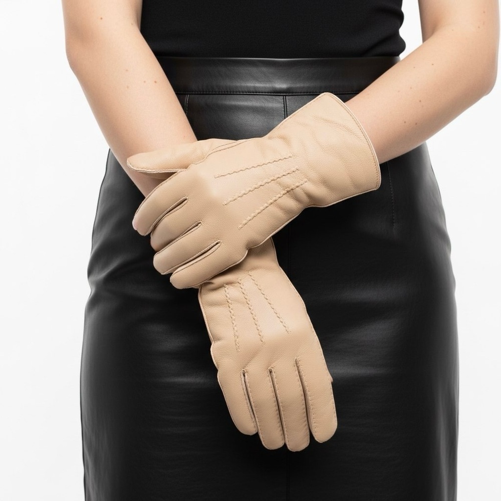 BEIGE SHEARLING LINED LEATHER GLOVES WOMAN